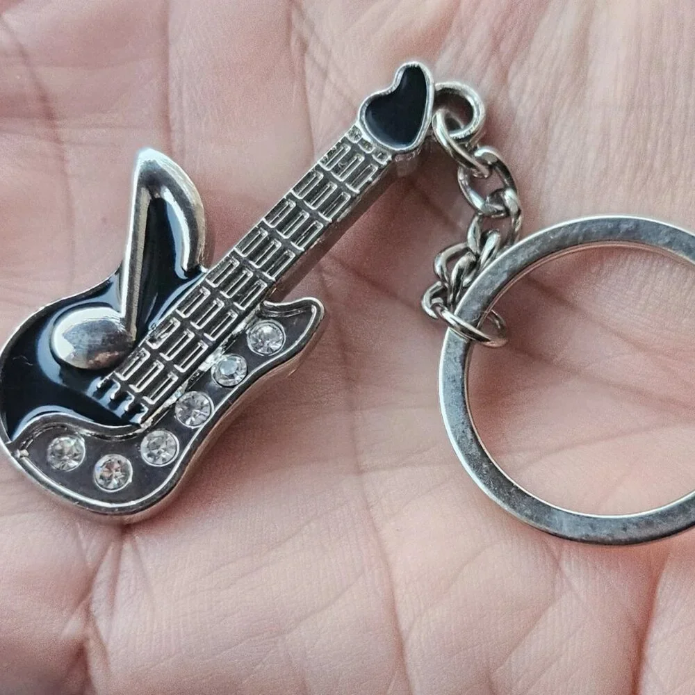 Guitar Keychain Silver/Black Tone Metal Keys Holder Crystal Accent Key Chain